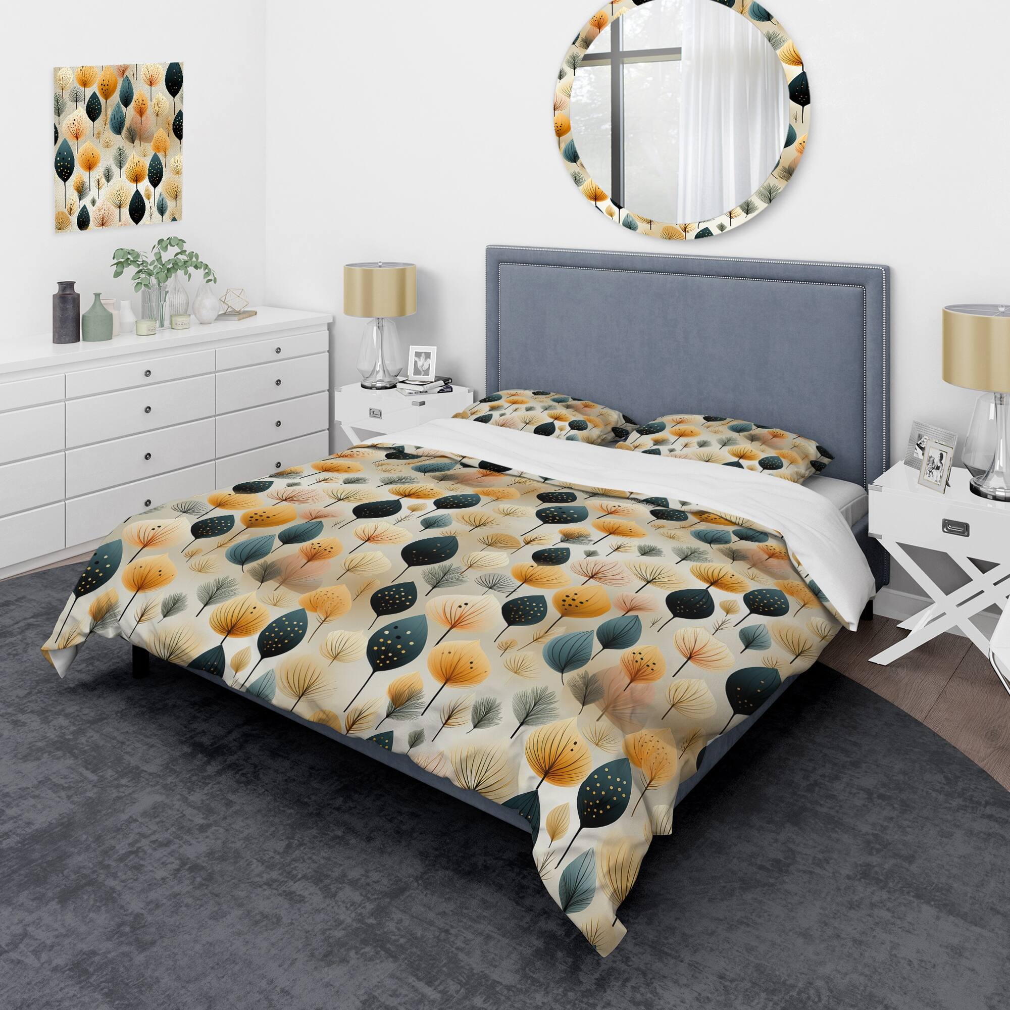 Designart "Modern Leaf Patterns V" Yellow Floral Bed Cover Set With 2